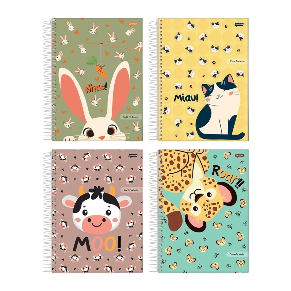 Caderno Espiral Jandaia Universitário Capa Dura Cute Animals 1 Matéria 80 Folhas Embalagem com 4 Unidades