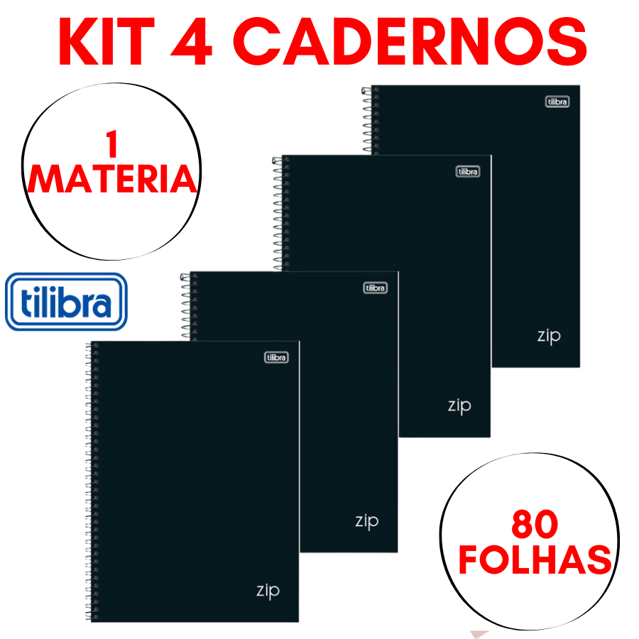 KIT 4 Cadernos Zip Tilibra Capa Dura Preto Espiral 80 Folhas 1 Materia Com Pauta Universidade Escola em Oferta na Shopee