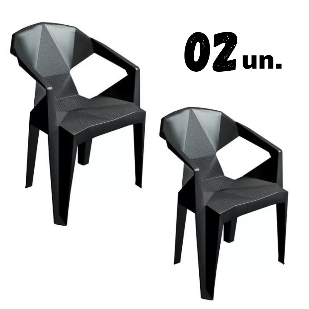 KIT 02 Poltronas de Plastico Cadeira Diamante Com Apoio Para Braço Preta