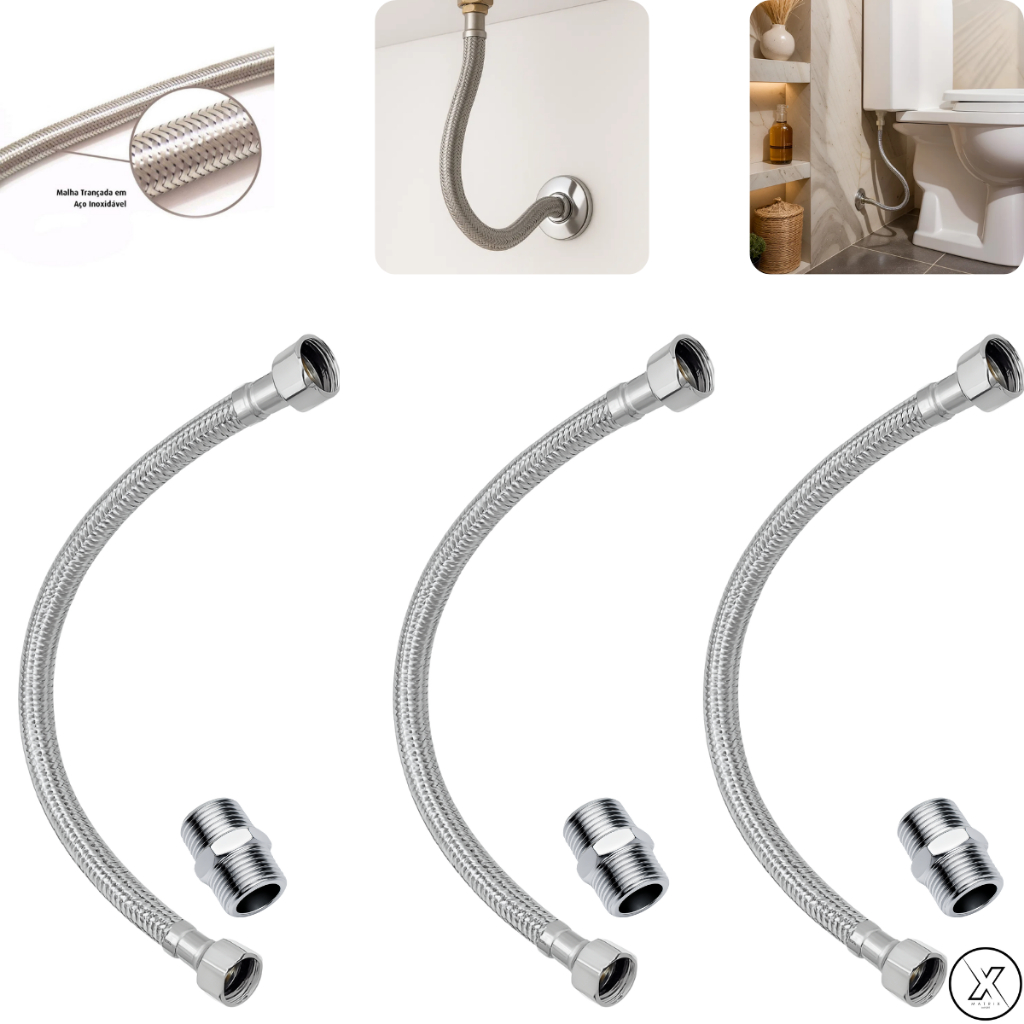 Kit 3 Engate Flexível Trancado Mangueira Flexível Aço Inox 40 Cm agua quente e fria em Oferta na Shopee