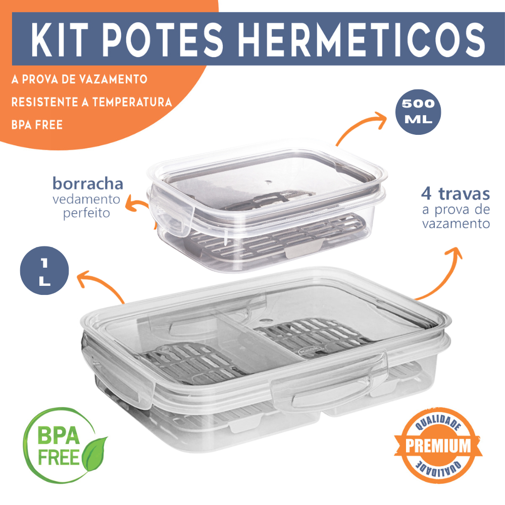 Kit 2 Potes Herméticos Porta Frios C/ Travas Cesto Escorredor Organizadores De Alimentos Frutas