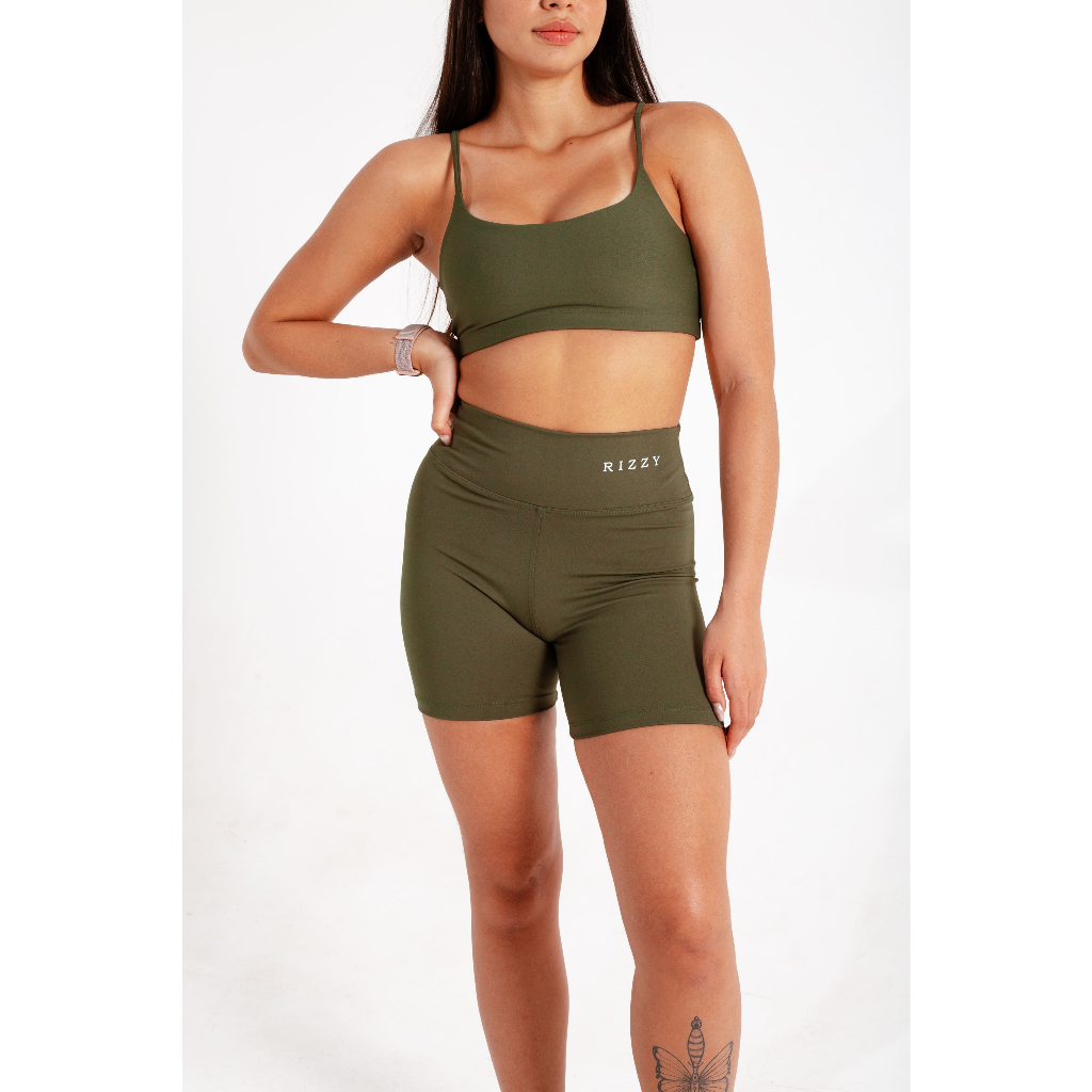 Short Fitnes Feminino Cintura Alta Poliamida Treino Academia Modeladora Esportiva Liso Verde Militar