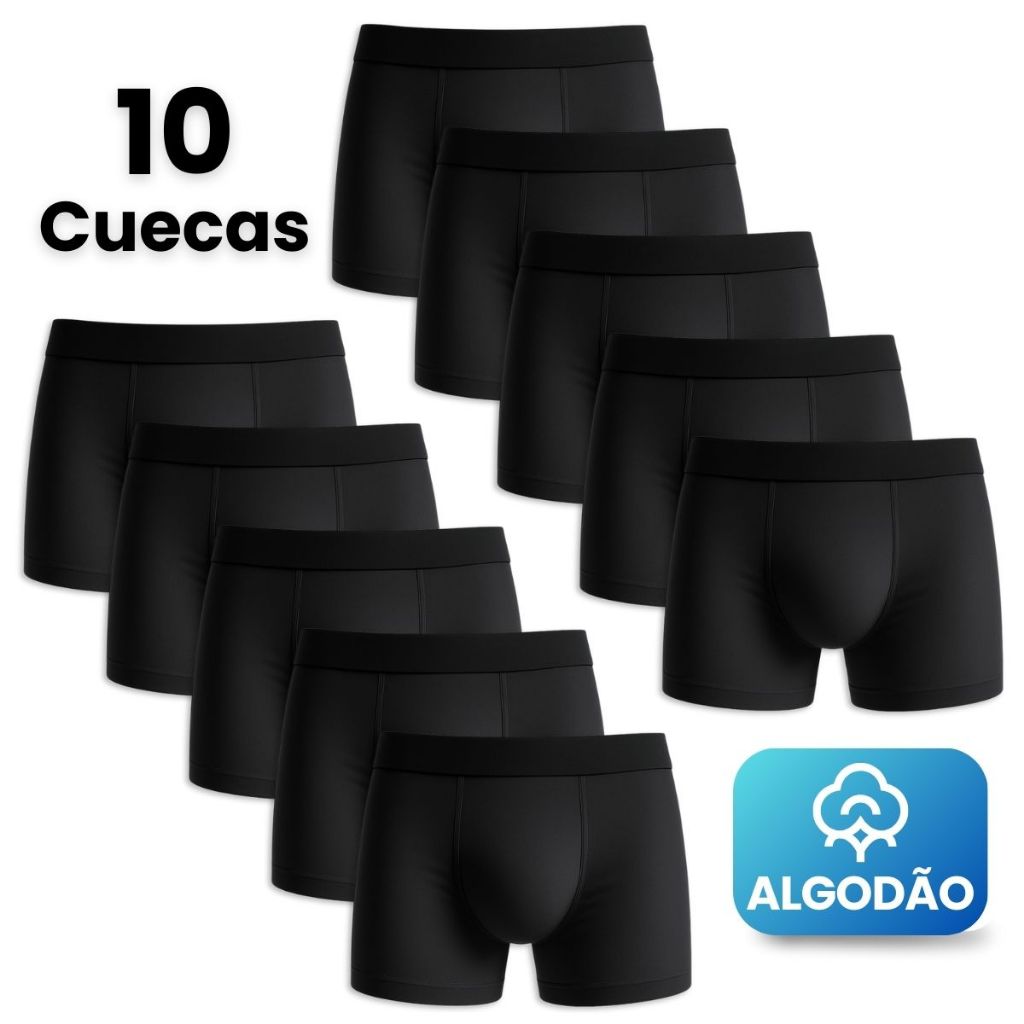Kit 10 Cuecas Boxer Masculino Algodão Premium Pretas Confortáveis