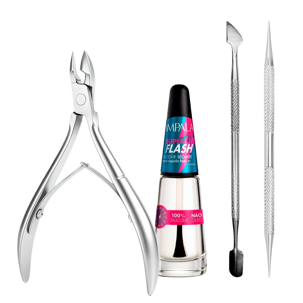 Kit Secante Esmalte Impala 8ml Espátula Palito Inox Alicate Cutícula Secagem Rápida Manicure