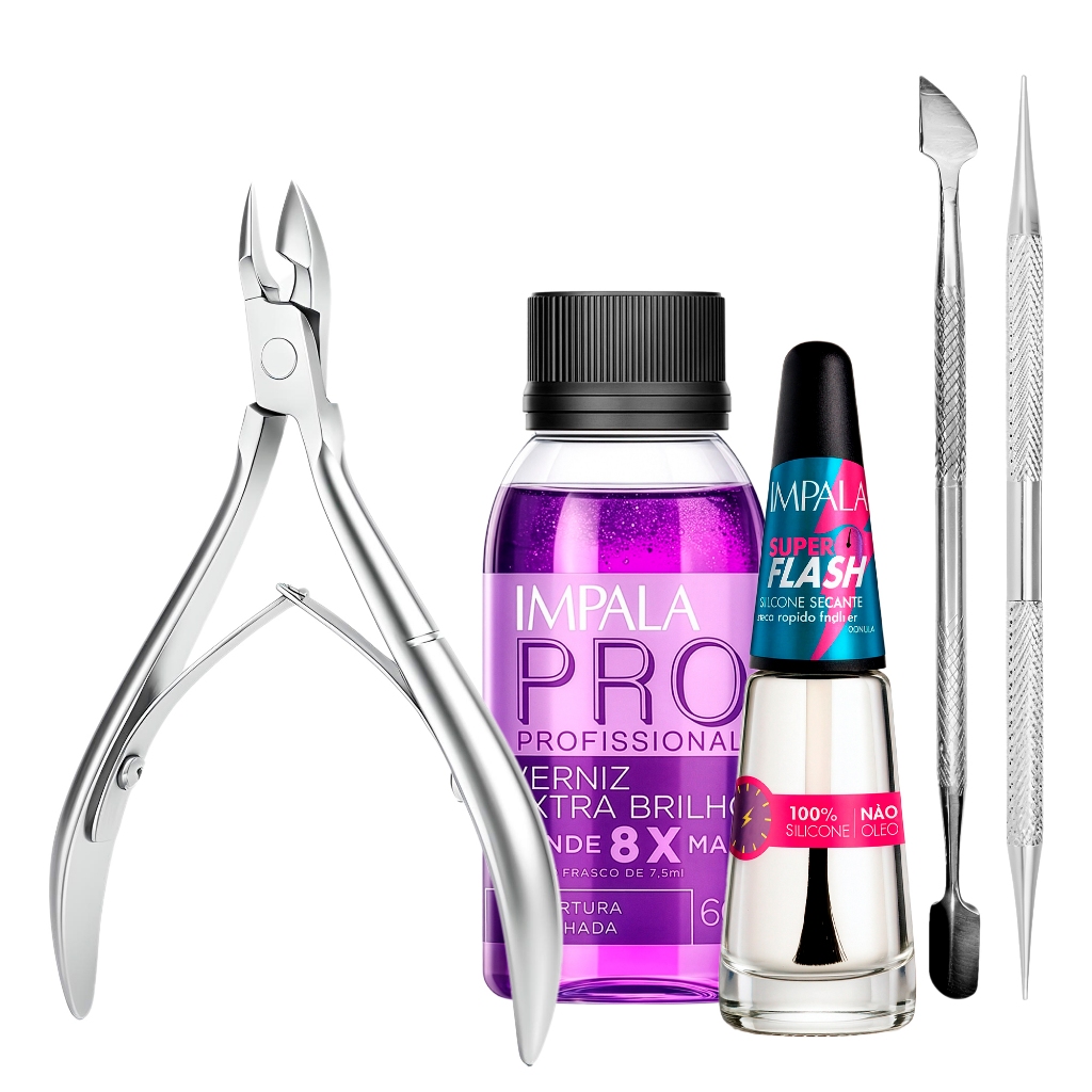 Kit Secante Esmalte 8ml Impala Verniz Extra Brilho Espátula Palito Bella Inox Alicate Manicure