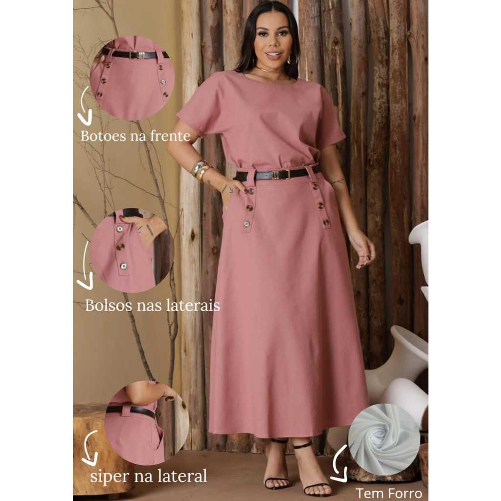 Conjunto de Linho Saia com Forro Feminino +Blusa Cassual, SEM CINTO
