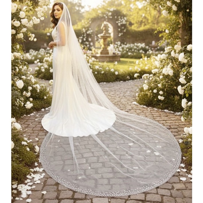 Mantilha Véu LUXO para Noiva 3 Metros Com Bordado de Pérolas +Tule Frances para Casamento do sonhos (Pronta Entrega )