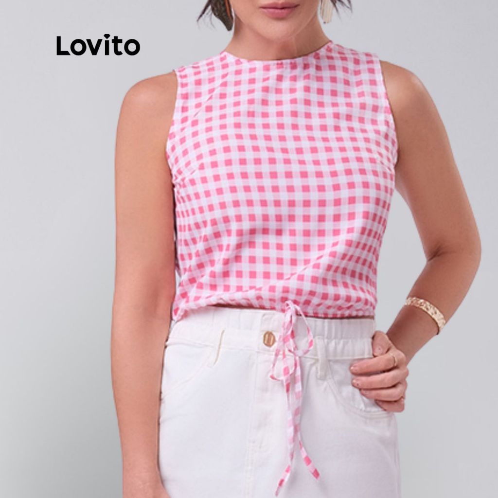 Lovito Regata Feminina Cropped Estampa Xadrez com amarração na Barra LB177BRL206 em Oferta na Shopee