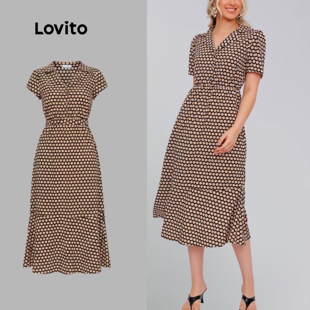 Lovito Vestido Midi Estampado Tecido Elegante Com Gola Manga Curta Basico Feminino Moda  LB934BRL964 em Oferta na Shopee