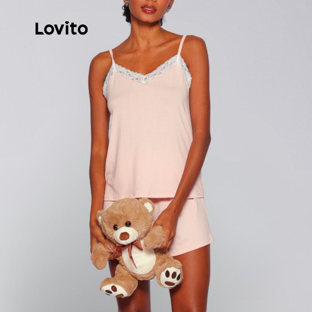 Lovito Pijama Fofo Liso com Renda e Cordão para Mulheres LB795BRL825 em Oferta na Shopee