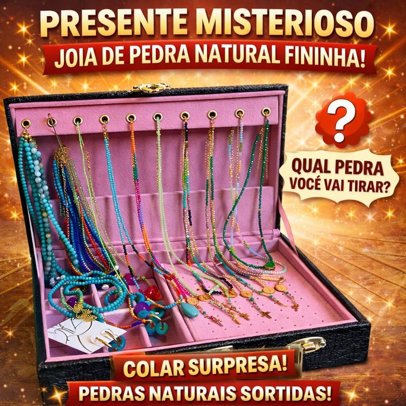 Presente Misterioso Joia de Pedra Natural ✨ Colar Fino com Cristais, Quartzo, Ametista, Citrino, Ônix, Jade e Mais