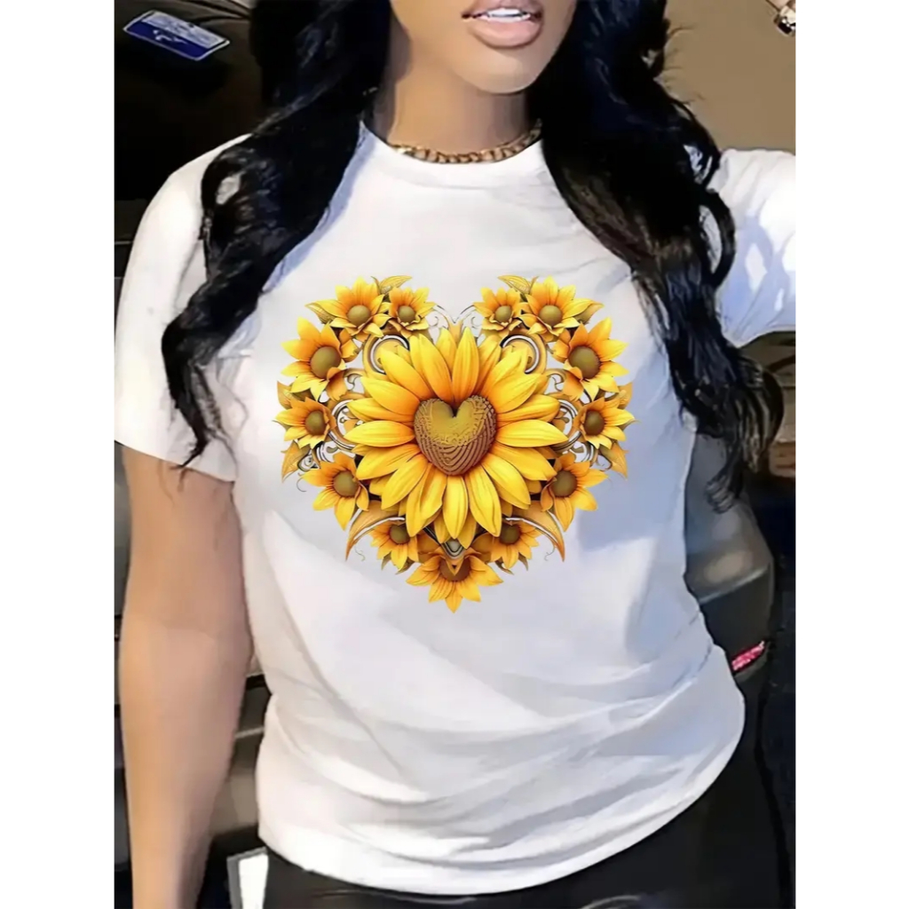 Camiseta Feminina Algodão100% Estilosa e Casual Coração Girassol em Oferta na Shopee