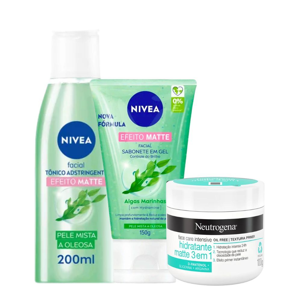 Kit Skincare Gel de Limpeza Sabonete Facial + Tônico Adstringente + Hidratante Oil Free Pele Oleosa