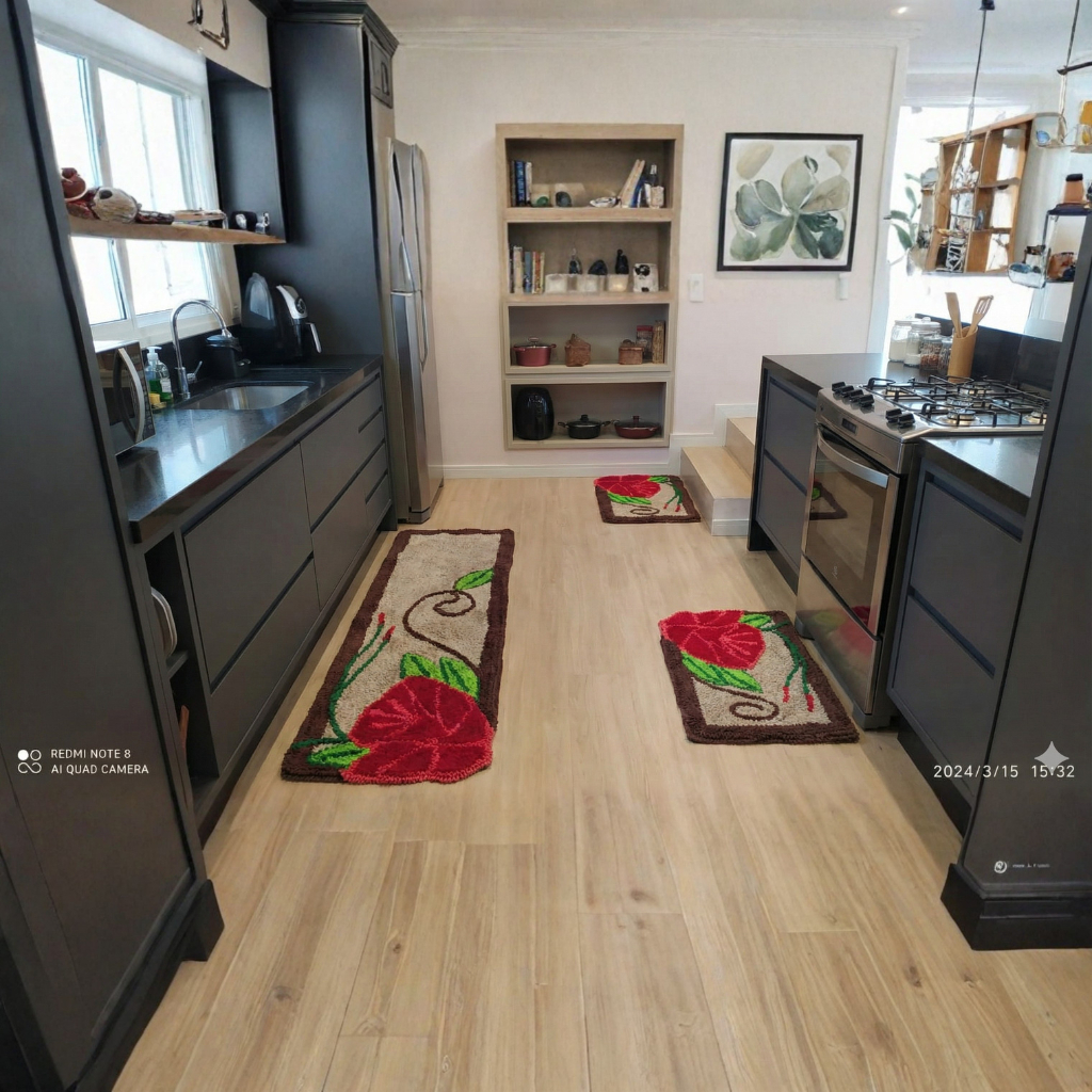 Jogo de Tapete De Frufru Cozinha 3 Peças flor Vermelha