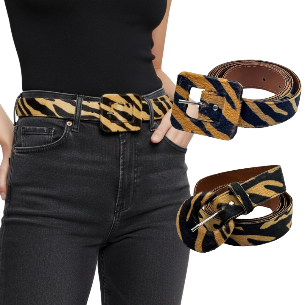 KIT 06UN Cinto Feminino Tigre Com Pelinho e Couro PU Animal Print Fivela Quadrada/Meia Lua