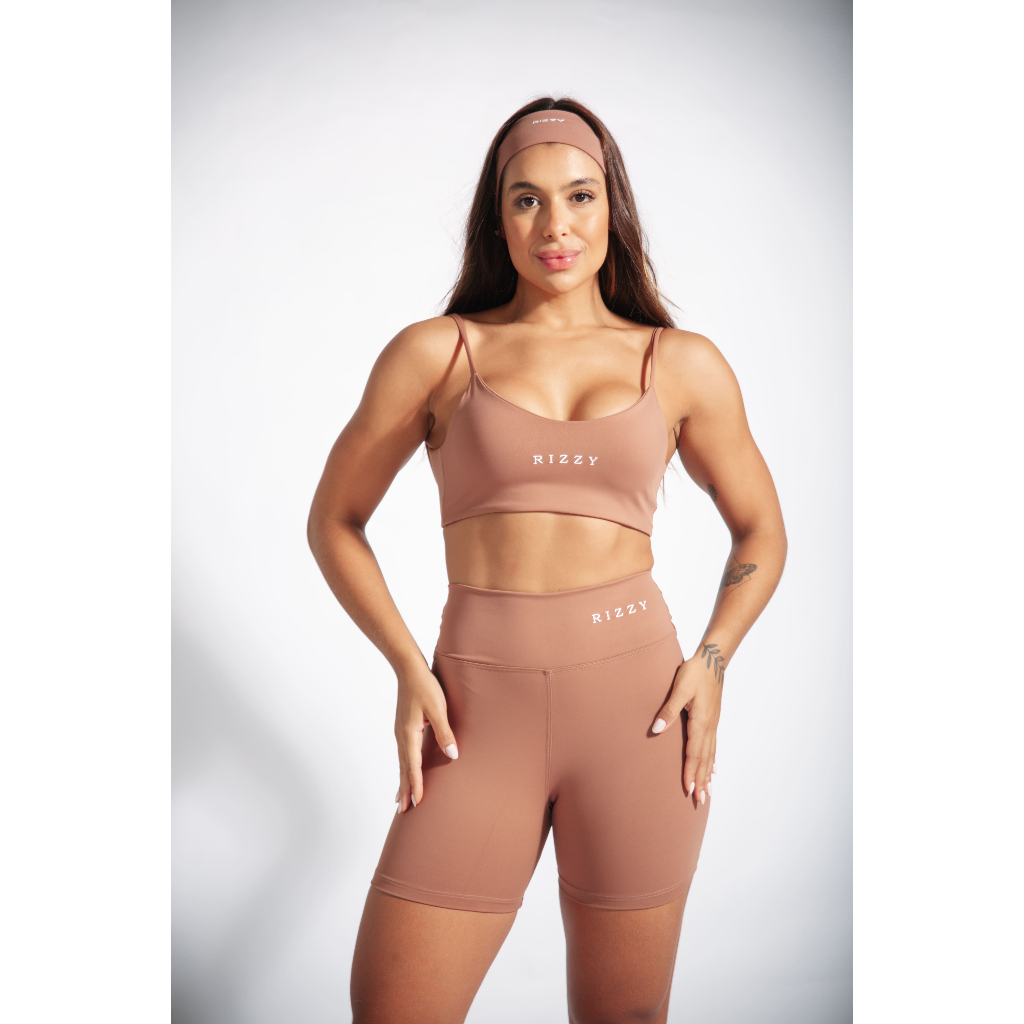 Short Fitness Feminino Cintura Alta Poliamida Treino Academia Modeladora Esportiva Liso Cappucino