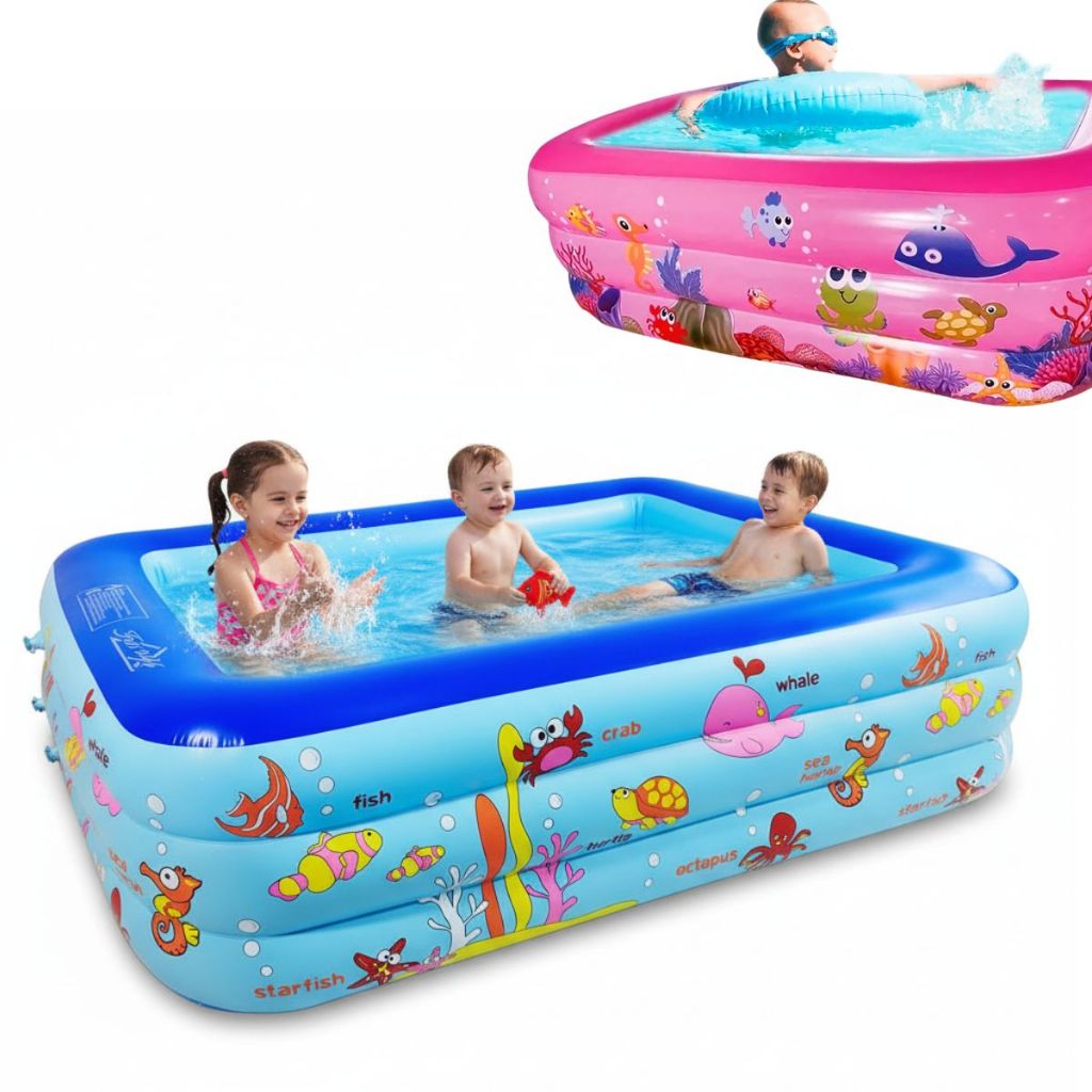 Piscina Inflável Retangular 300 Litros Crianças 150CM Colorida Praia Verão Infantil Água e Bolinhas