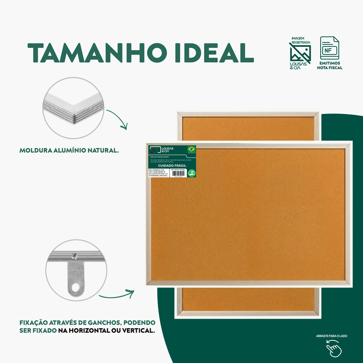 Quadro de Avisos 120x90cm Cortiça Moldura Alumínio + 60 Alfinetes Grátis