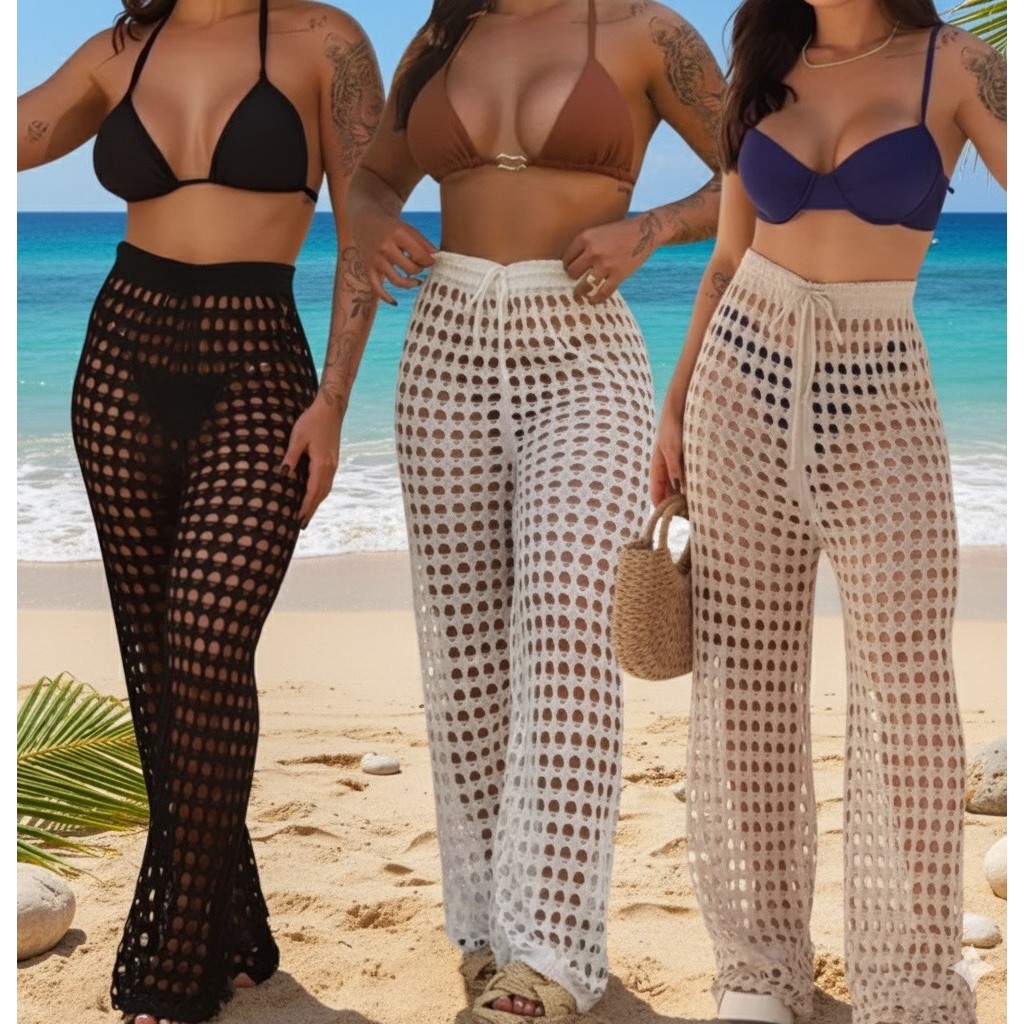 Saída de Praia Feminina Calça Crochê Slim Tricot Moda Verão Mais Vendida