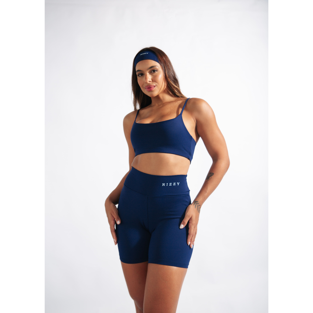 Short Fitness Feminino Cintura Alta Poliamida Zero Transparência Academia Modeladora Azul Marinho