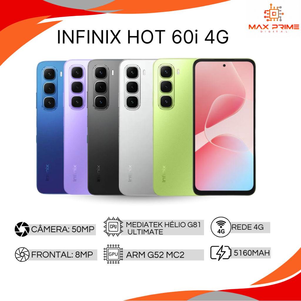 INFINIX HOT 50i - INFINIX Hot 60i 4G , 256GB e 4GB RAM, Processador MediaTek Helio G81, Bateria 5000Mah, Versão Global em Oferta na Shopee