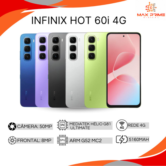INFINIX HOT 50i - INFINIX Hot 60i 4G , 256GB e 4GB RAM, Processador MediaTek Helio G81, Bateria 5000Mah, Versão Global
