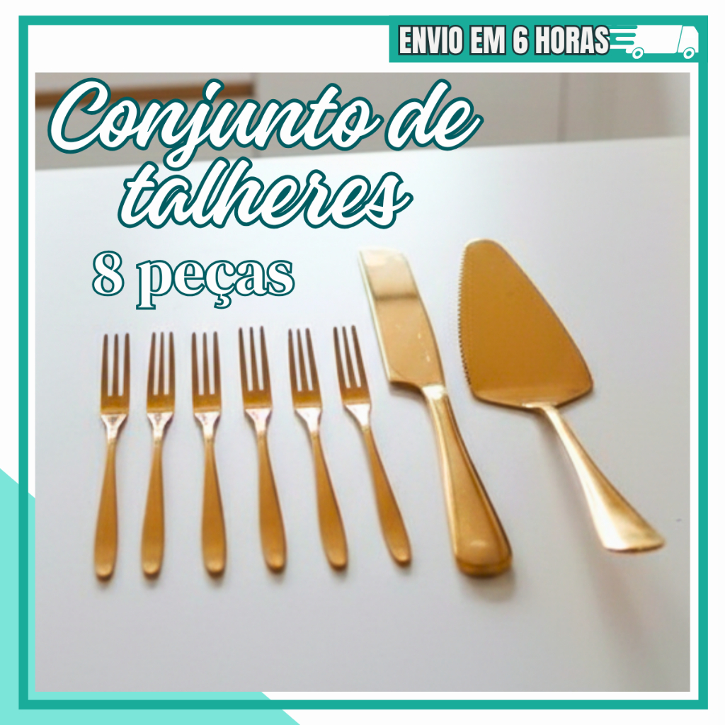 Conjunto de Talheres de Sobremesa, Faca, Espatula e Garfinhos Dourados em Oferta na Shopee