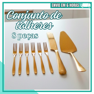 Conjunto de Talheres de Sobremesa, Faca, Espatula e Garfinhos Dourados em Oferta na Shopee