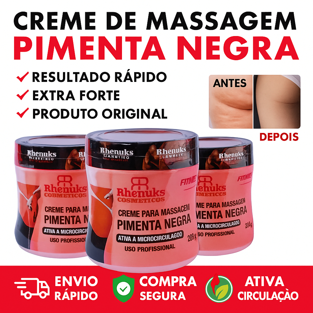 Creme Redutor de Medidas Pimenta Negra 200g  Ativador da Circulação  Firmador e Anticelulite |