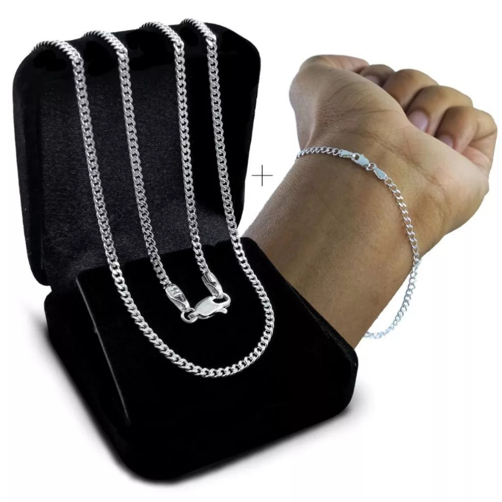 Kit Conjunto Corrente + Pulseira Prata 925 Legítima Grumet Masculina 60cm 70cm Escama De Peixe 2mm em Oferta na Shopee