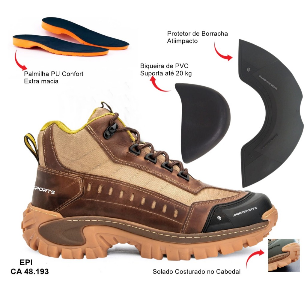 TENIS CANO MEDIO 2068 INTRUDER UNDERSPORT TRABALHO COM CERTIFICADO CA 48193 TRILHA LAZER RESISTENTE