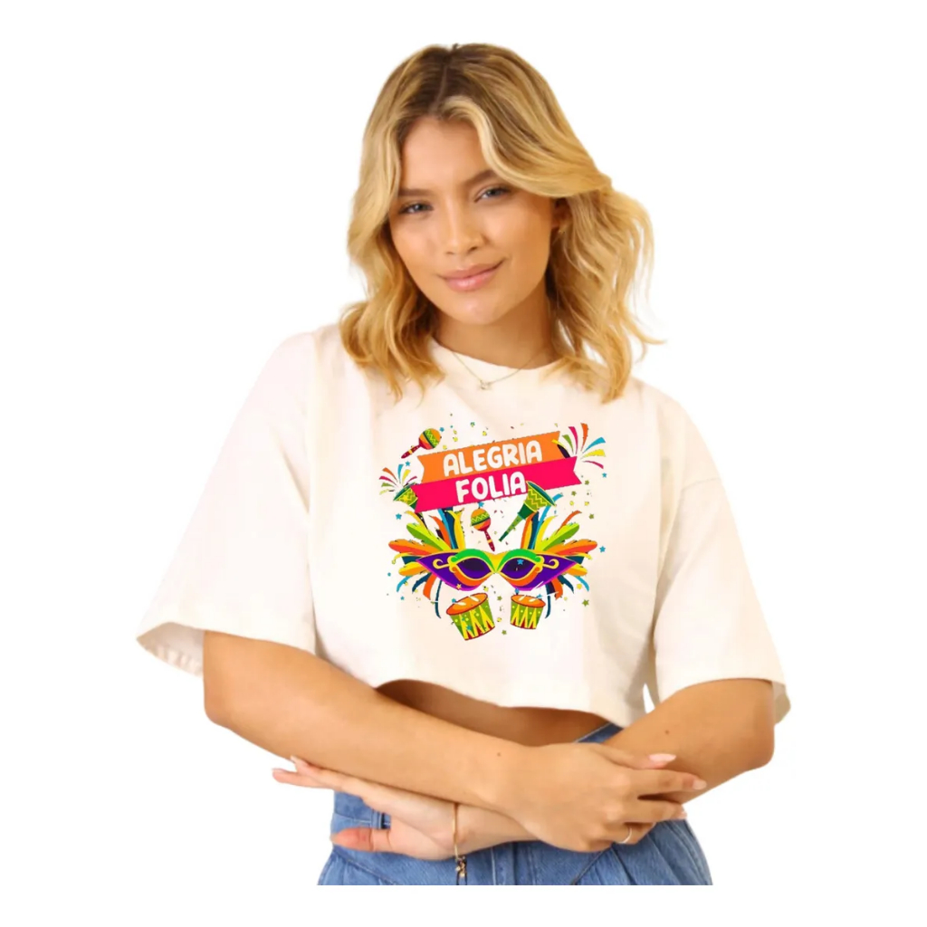 Cropped Oversized Alegria Folia Carnaval Estampado Despojado