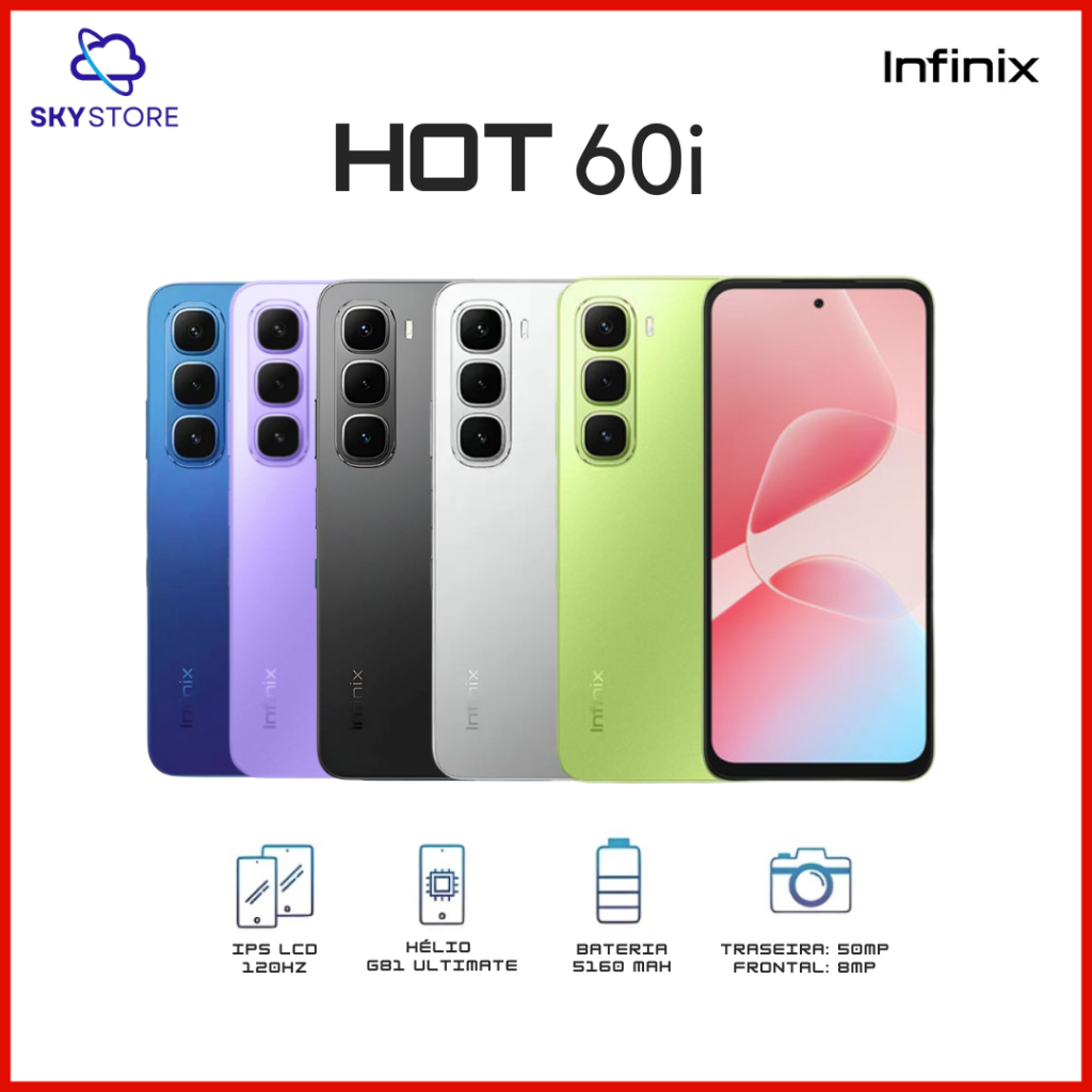Infinix Hot 60i, Hot 50i 256GB e 4GB RAM, Câmera 48MP, Processador MediaTek Helio G81, Bateria 5000Mah, Versão Global em Oferta na Shopee