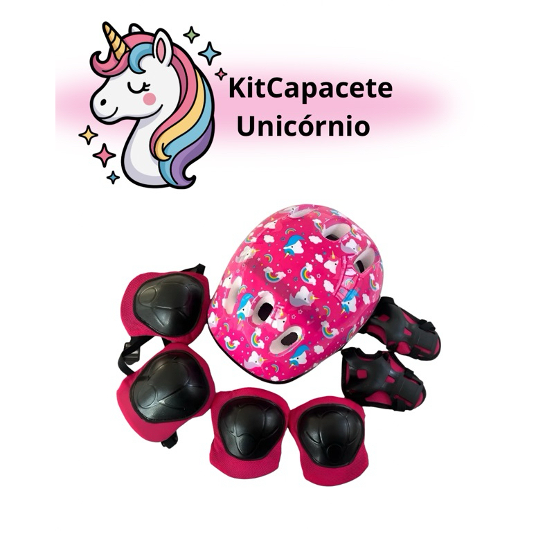 Kit Infantil de Proteção Rosa Unicornio para Bicicleta, Patins e Skate – Capacete, Joelheiras e Cotoveleiras