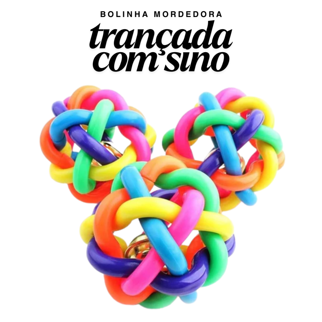 BRINQUEDO PET BOLA COLORIDA TRANÇADA COM GUIZO GATO E CACHORRO ULTRARESISTENTE em Oferta na Shopee