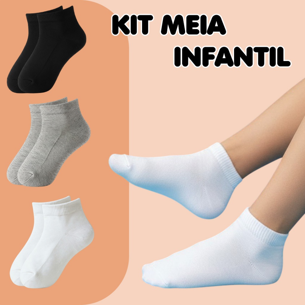 Kit 12/6 Pares Meias Infantil Juvenil Menino Menina Criança Escolar Cano Curto Algodão