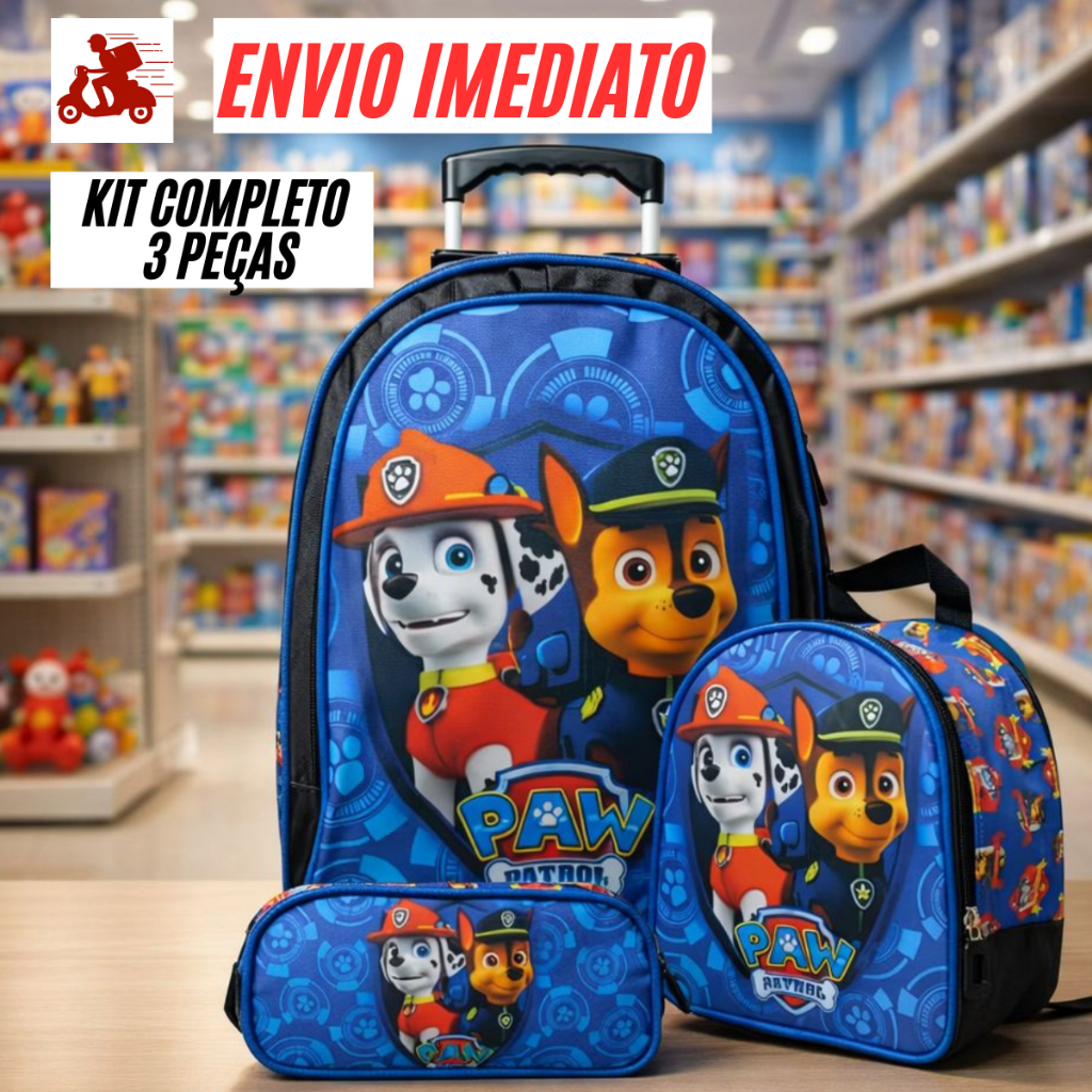 Mochila Infantil Escolar Com Rodinhas Bolsa Patrulha Canina Skye Sonic Lancheira Estojo Menino Menina Reforçada Stit