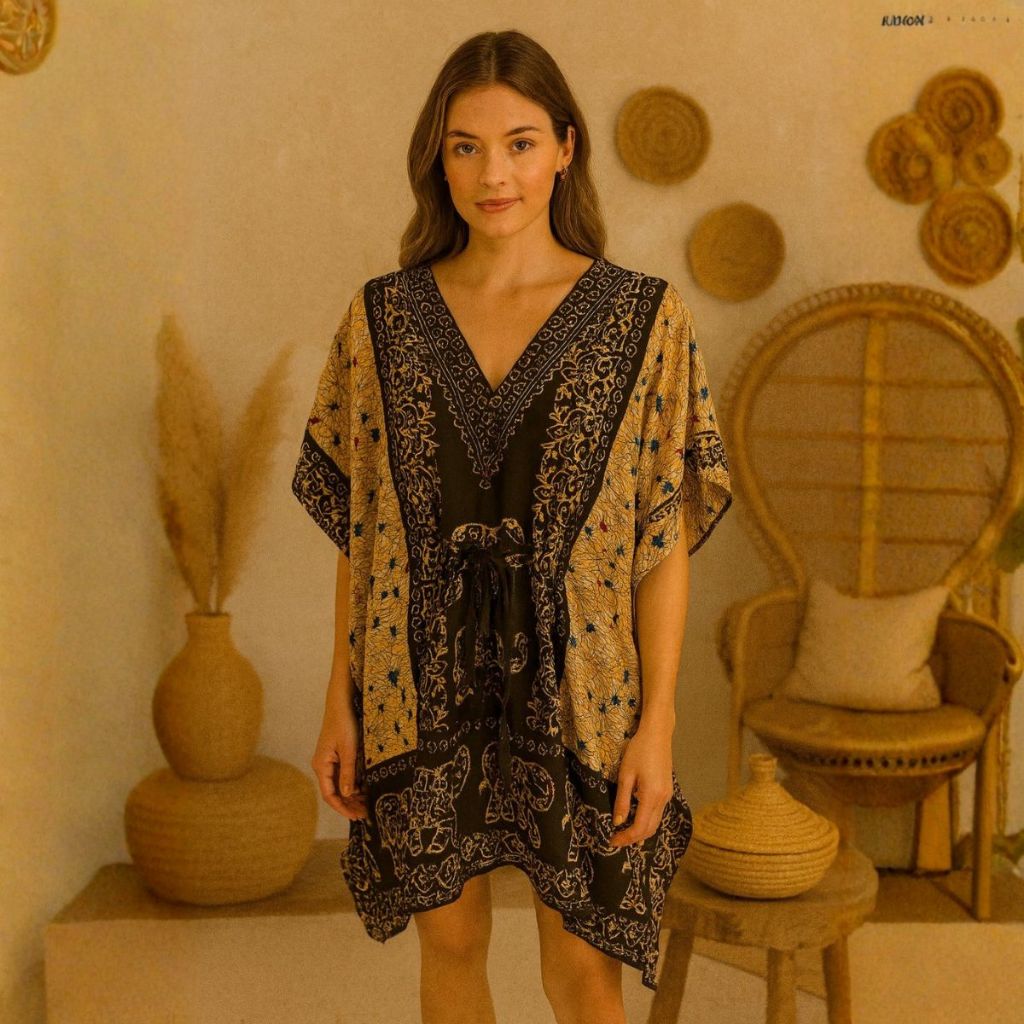 Vestido Kaftan Indiano Curto Preto Estampado, Decote V Modelagem Confortável Estilo Boho Chic, Verão