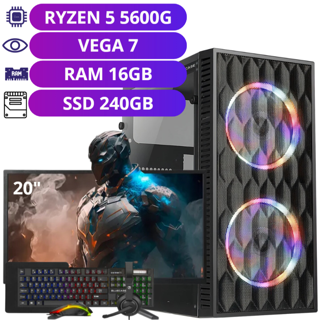 Computador Gamer Completo AMD Ryzen 5 5600G - SSD 240GB - Memória 16GB RAM - Monitor 20"
