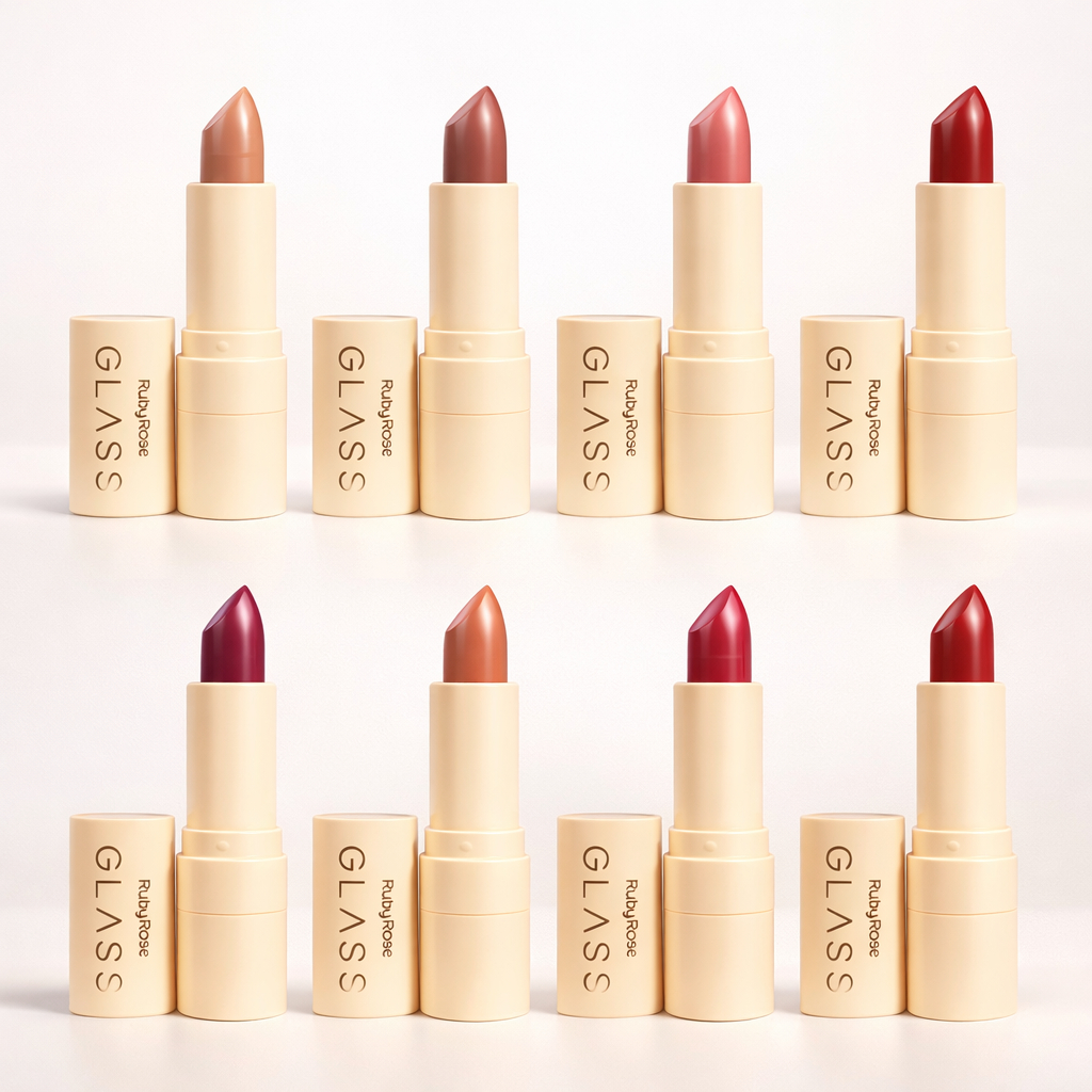Batom Velvety Ruby Rose Glass – Cores Nude ao Vermelho | Acabamento Natural