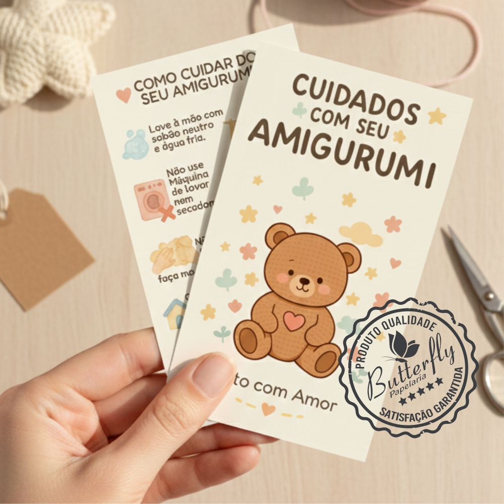 Cartão de Cuidados com Amigurumi | Tag Mimo Artesanal para Envio de Pedidos e Encomendas para Cliente | Crochê