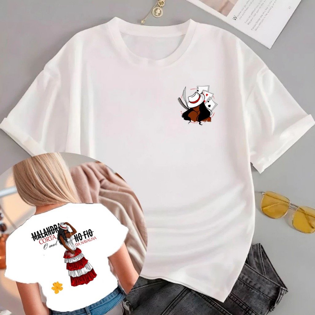 T-shirt Feminina Camiseta Camisa Roupa Casual Leve Confortavel Maria Navalha Pomba Gira Umbanda Candomblé Religião Frase