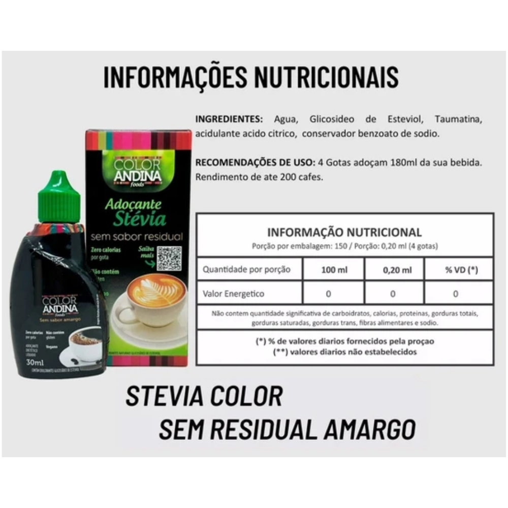 KIT 2x Adoçante Stevia Líquido 100% Natural Color Andina Food 30ml Sem Sabor Amargo