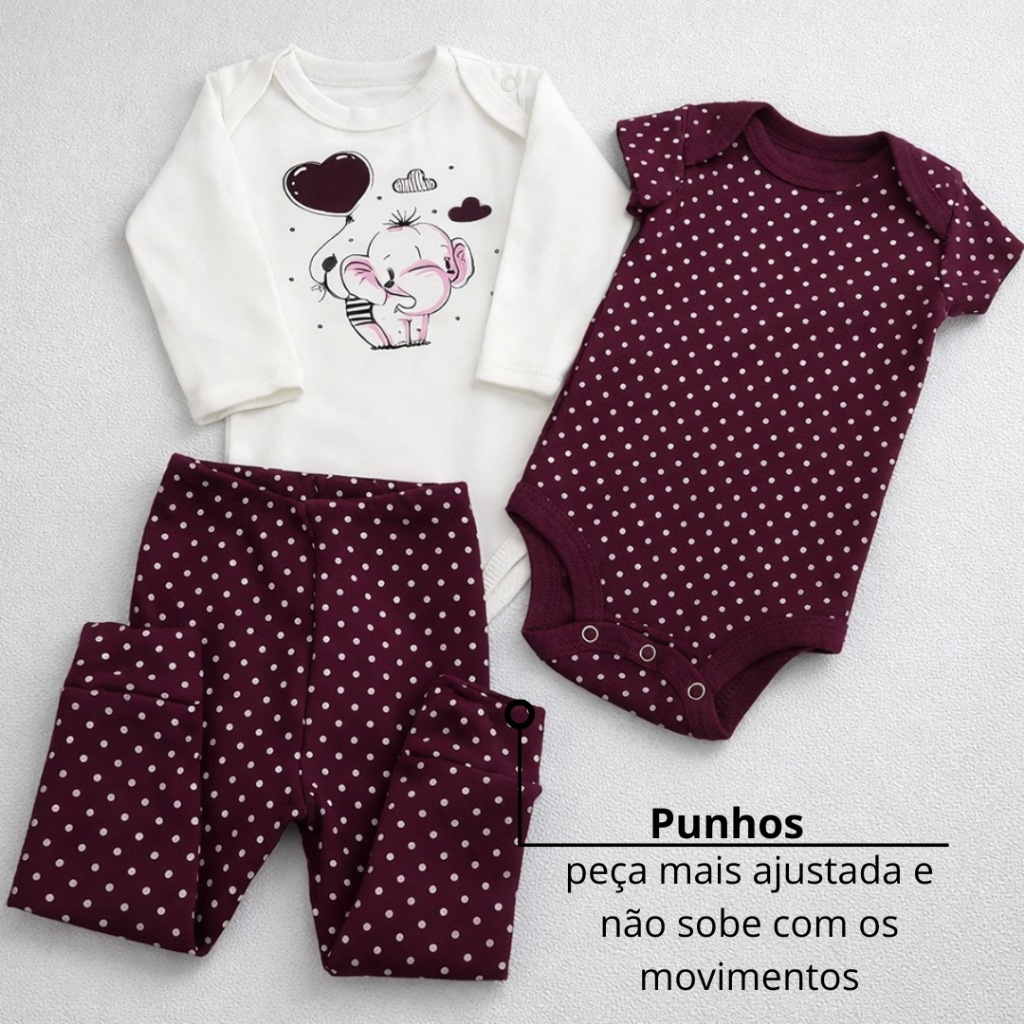 Kit 3 Peças Body e Calça Bebê Algodão com Estampa Fofa – Manga Longa e Curta 03 a 12M