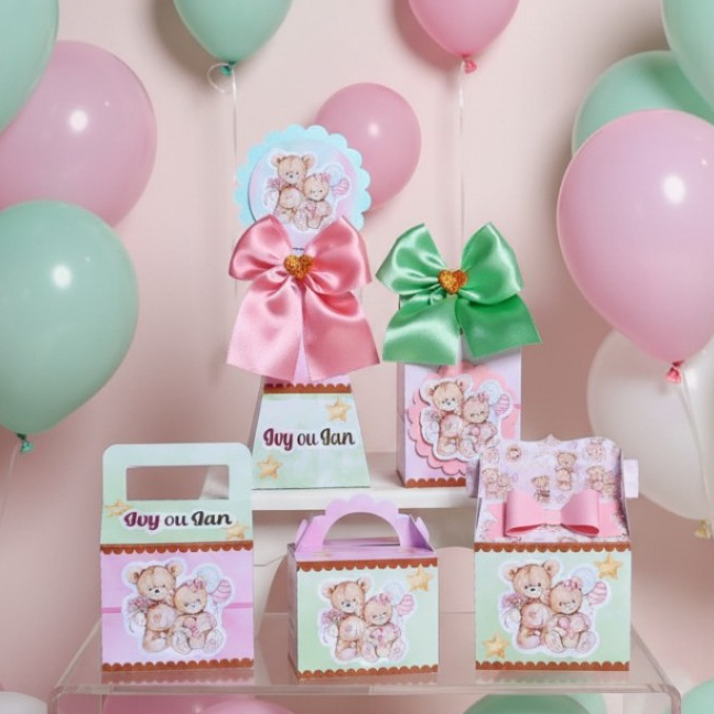 Kit Festa Personalizados Tema Chá Revelação Ursinhos Verde e Rosa -  Lembrancinhas Caixinhas para Festa - PEGUE E MONTE