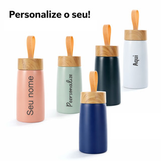Kit 5 Mini Garrafas Inox 250 ml personalizadas alça design bambu pequena garrafinha