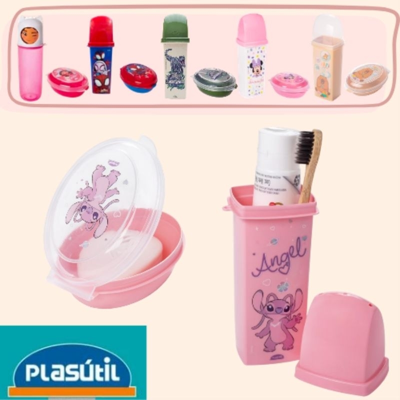 Kit Porta escova de dente + saboneteira infantil Plasutil Frozen Minnie Mickey dental case porta sabonete Rosa Azul