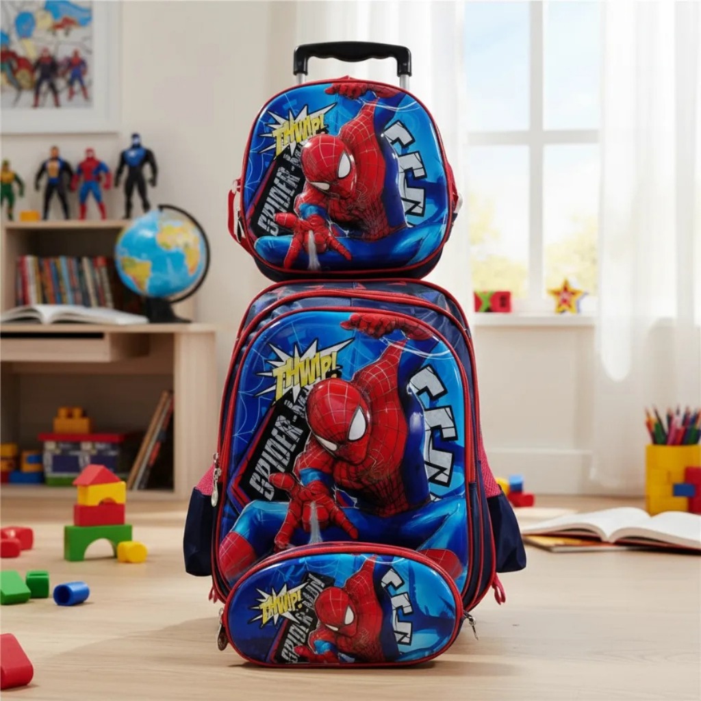 Kit Mochila de Rodinhas Homem Aranha Escolar Lancheira Térmica Estojo
