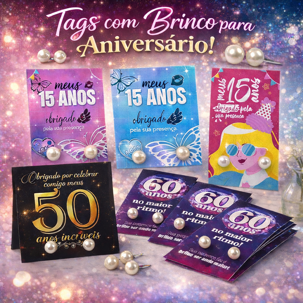 Kit de Tags de Aniversário com Brincos – Ideal para Lembrancinhas e Presentes em Oferta na Shopee