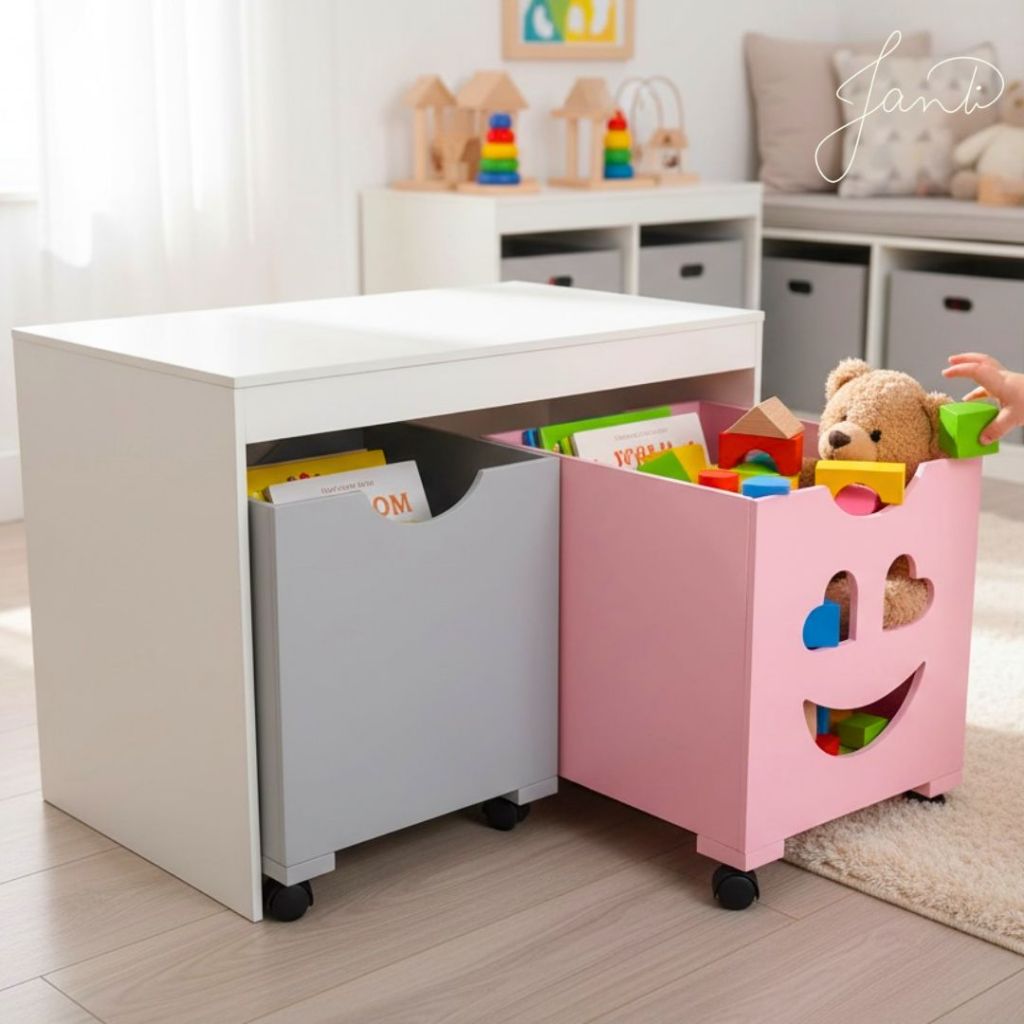 Organizador Emoji de Brinquedos Bancada Infantil 2 Gavetas Com Rodinhas em MDF.